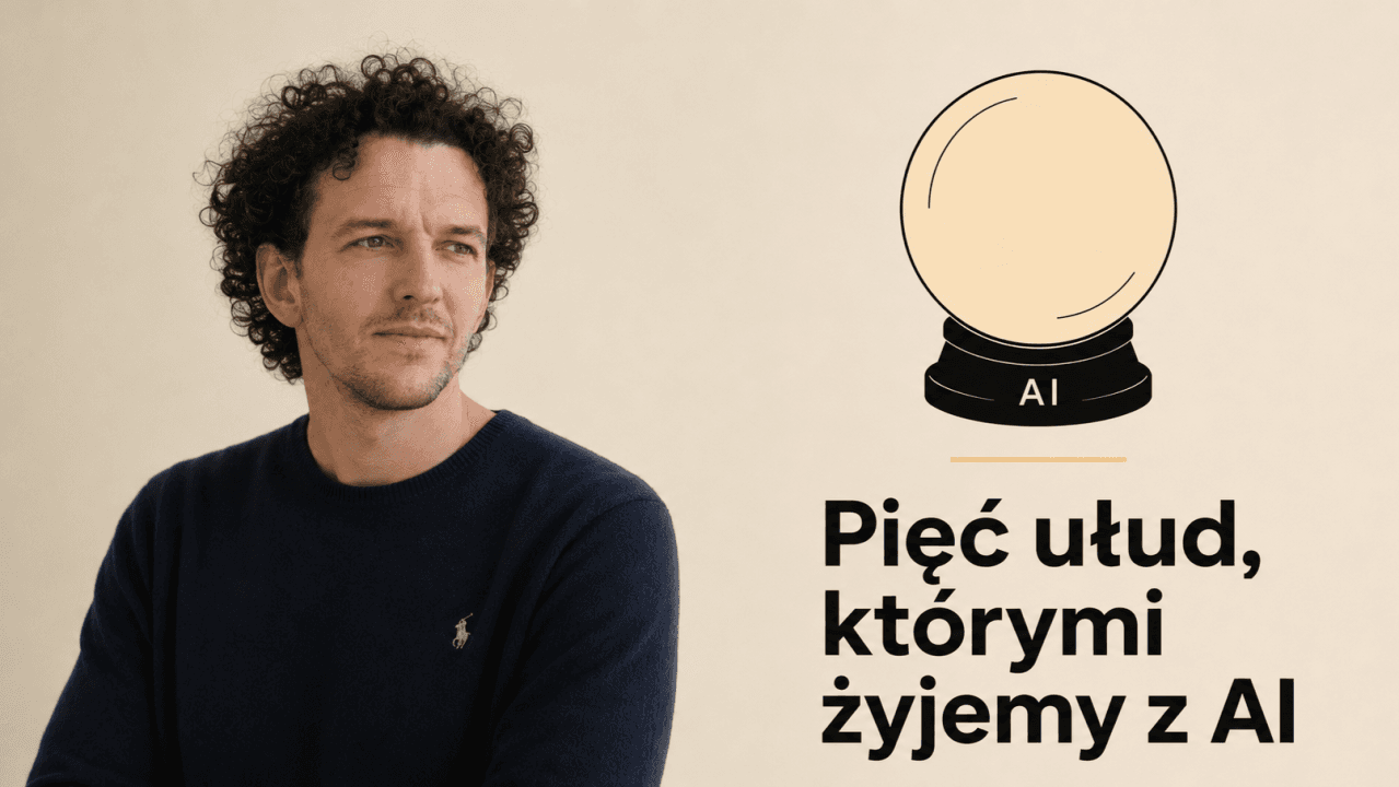 Infografika o ułudach produktywności AI — okładka artykułu o pięciu niebezpiecznych ułudach